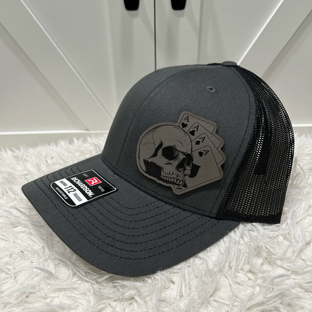 Laser engraved, Poker Skull, Richardson 112 trucker hat.
